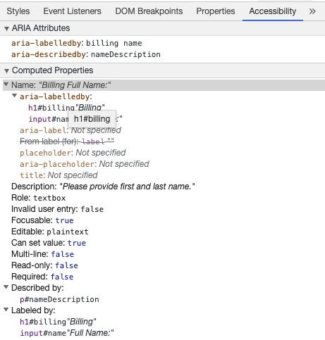 Narzędzia Chrome Developer Tools pokazujące dostępną nazwę wejściową z aria-labelledby i opis z aria-describedby