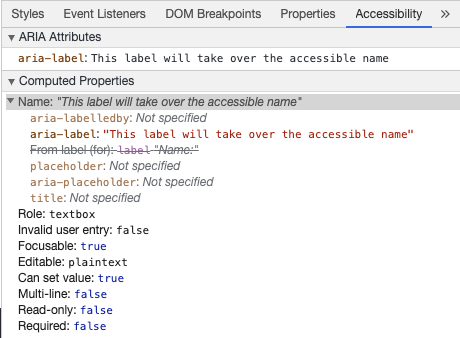 Chrome Developer Tools pokazuje dostępną nazwę wprowadzoną z aria-label