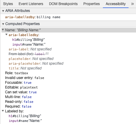 Narzędzia programistyczne Chrome pokazujące dostępną nazwę wejściową z aria-labelledby